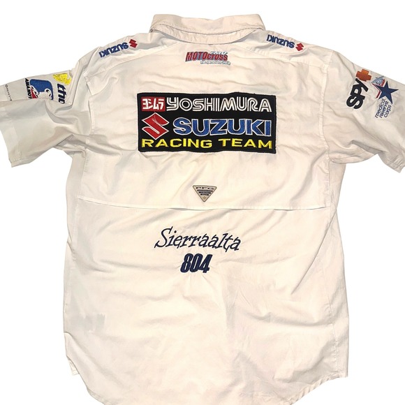 Suzuki Racing‎ Team Columbia Shirt Motocross Patches Button Up White SZ Med - Picture 1 of 14